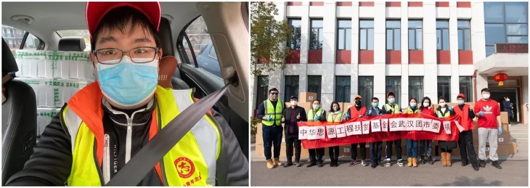 左圖：10輛轎車(chē)后座和后備箱堆滿了菜，出發(fā)送給社區(qū)；右圖：各位志愿者協(xié)助接收消毒防護(hù)物資